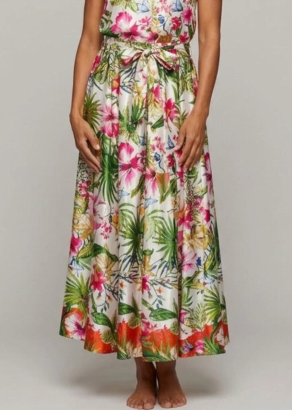 TRULY 4 YOU Tropical Floral Satin Maxi Skirt Elastic Belt Tie Waist Flowy Large